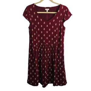 Garnet Hill Size 8 Mini Dress Burgundy White Print Short Sleeve Casual Viscose ~